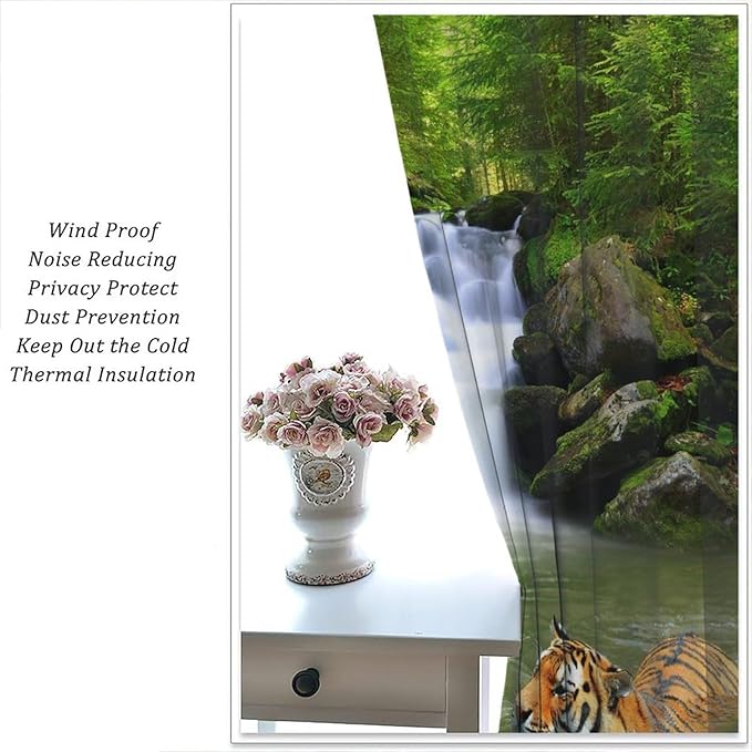 Forest Waterfall Landscape Blackout Window Curtains, Animals Tigers Waterfall Woodland Natural Window Drapes, for Living Room Bedroom 42" W X 54" L