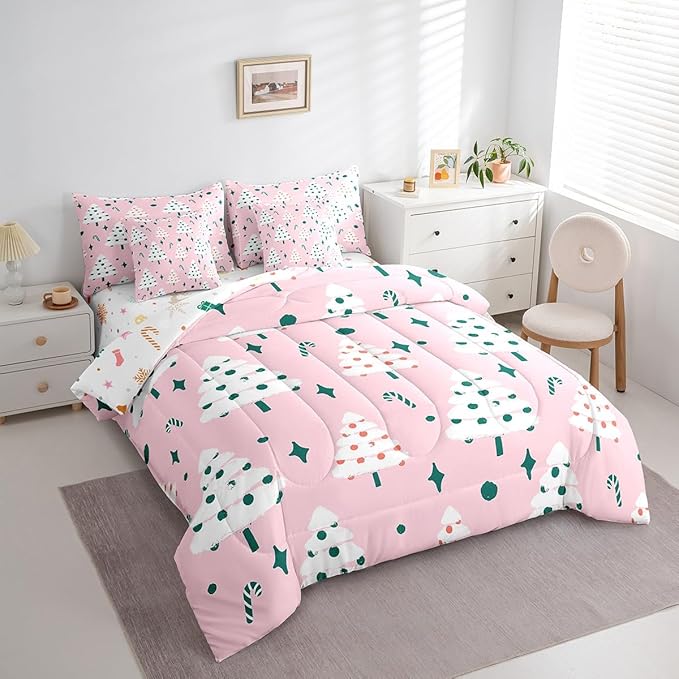Feelyou Christmas Girly Comforter Set with Sheets Kids Christmas Tree Bedding Set Boys Girls Snowflake Candy Decor Bed in a Bag Xmas Theme Pink Bed Set Bedroom King Size