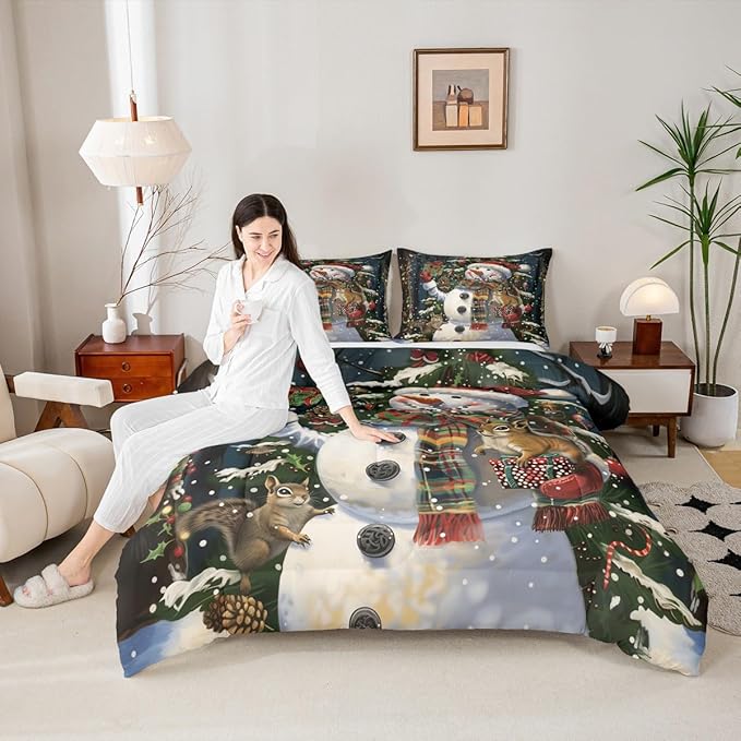 Feelyou Christmas Kids Comforter Set Full Size Snowman Squirrel Bedding Set Snowflake Gift Duvet Quilt for Kids Boys Girls Bedroom Branch Berry Decor Microfiber Ultra Soft Breathable