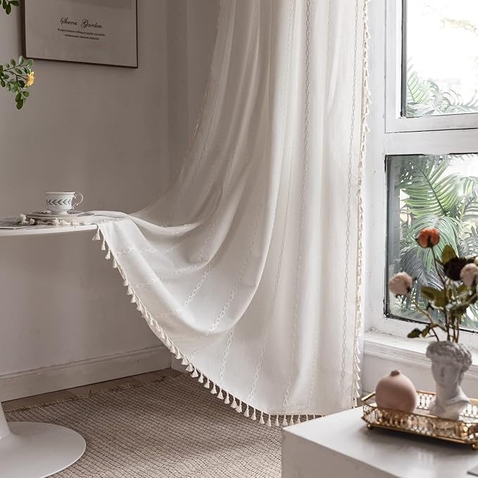 Deeprove White Boho Curtains 108 Inches Long for Bedroom Balcony Courtyard Hall Decor, Bohemian Embroidery Cream Cotton Linen French Country Window Treatment Tassel Drape, W52 x L108, 1 Panel