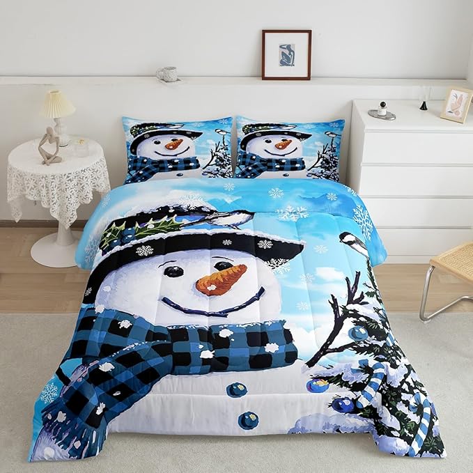Feelyou Kids Christmas Theme Decorations Bedding Set Xmas Snowman Comforter Set for Boys Girls Cute Comforter Blue Bedroom Collection Queen Size