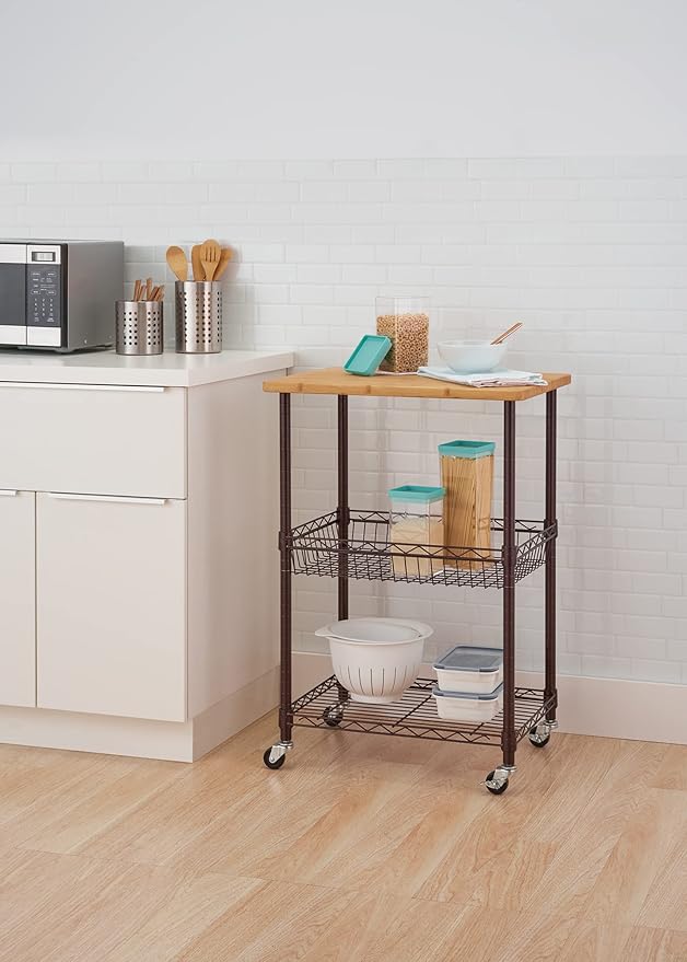 3 Tier Rolling Cart Kitchen Organizer with Bamboo Top, Metal Wire Storage Basket and Shelf for Household and Pantry Organization, Dark Bronze, 24” W x 18” D x 35” H