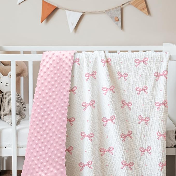 Bow Baby Blankets for Girls, Soft Nursery Minky Blankets with Muslin and Dotted Fleece Back 30x40 inches, Receiving Bed Quilt for Newborn, Infants, Toddlers