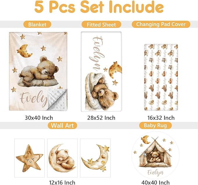 Personalized Baby Bedding Set, 5 Pcs Custom Baby Crib Sets with Name, Bear Toddler Bedding Set for Baby Boys Girls, Double Layer Nursery Flannel Bedding Set, Customized Gifts for Infants Kids