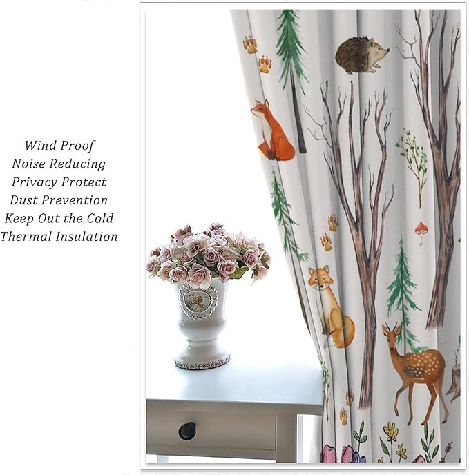 Forest Animal Kids Curtains, Watercolor Cartoon Window Treatments, Cute Animal Floral Girl Toddler Home Bedroom Living Room Drapes 52x84in