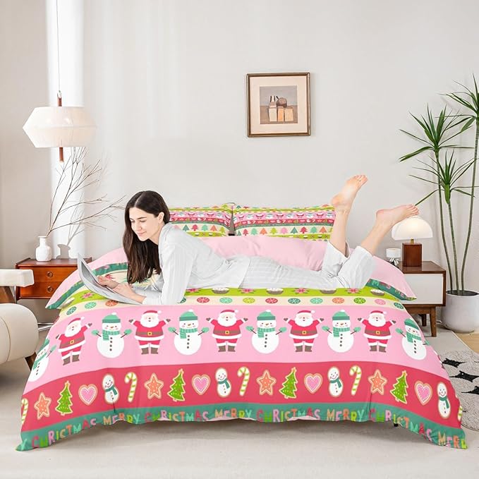 Cartoon Christmas Bedding Set for Kids Boys Girls Santa Claus Snowman Comforter Cover Set Pink Xmas Theme Duvet Cover Bedroom Decor Christmas Tree Bedspread Cover Twin Size Bedding Collection 2Pcs