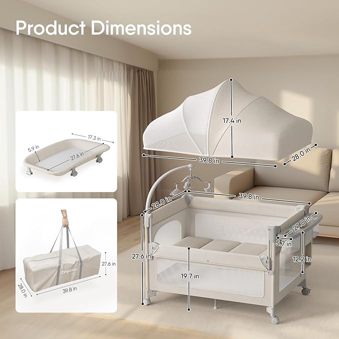 4 in 1 Baby Bassinet, Pack and Play, Bedside Crib Sleeper, Diaper Changer, Quickly Assembled and Folded Portable Crib with Mattress and Mosquito Net, Easy to Carry