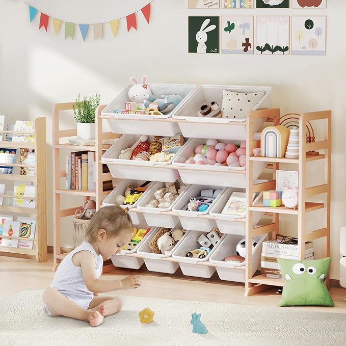 Wooden Toy Storage Organizer with 6 Shelves and 12 Bins, Toy Organizer Storage Kids Bookshelf, Toy Shelf for Playroom, Nursery, and Bedroom