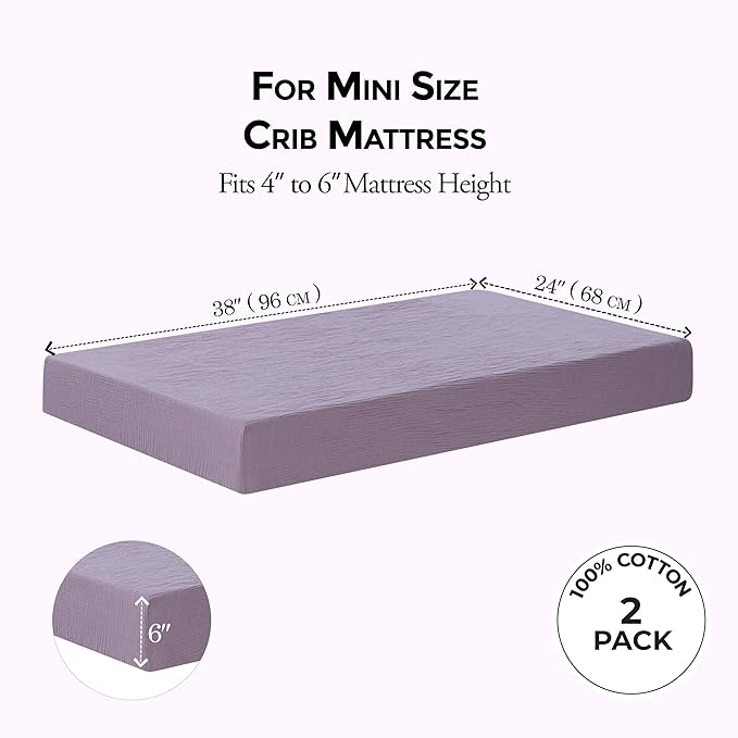 Dreamology Muslin Mini Crib Sheets, Girls, Boys, Soft & Breathable Crib Sheet 2 Pack, 100% Cotton Crib Sheets for Mini Cribs, Pack n Play Sheets, 24x38 Mini Crib Sheet Fitted | Purple,Pink