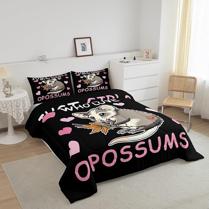 Girl Pink Love Heart Pattern 3 Pcs Comforter/Duvet Set,Cute Cartoon Animal Theme Ultra Soft Bed Collection,Opossum Bedding for Room Decor 3 Pcs,Microfiber Breathable,King