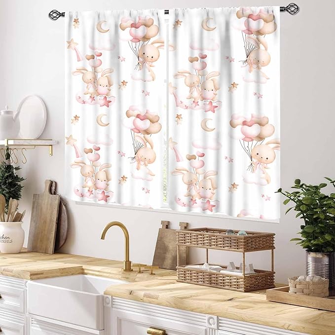 Rabbits Curtains, Kids Boys Girls Cartoon Cute Lovely Animals Moon Cloud Ballon Pastel Pink Window Drapery Treatments for Baby Living Room Bedroom Nursey Toddler 2 Panels, 55x39 Inch