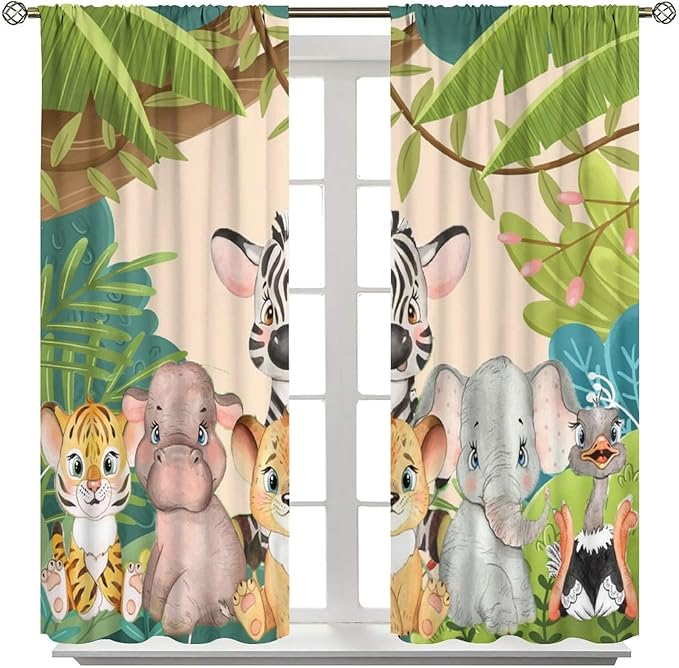 Animals Curtains Colorful Forest Cartoon Cute Zebra Tiger Elephant for Kids Boys Girls Nursery Bedroom Living Room Blackout Rod Pocket Decoration Window Drapes 2 Panels W21xL54in