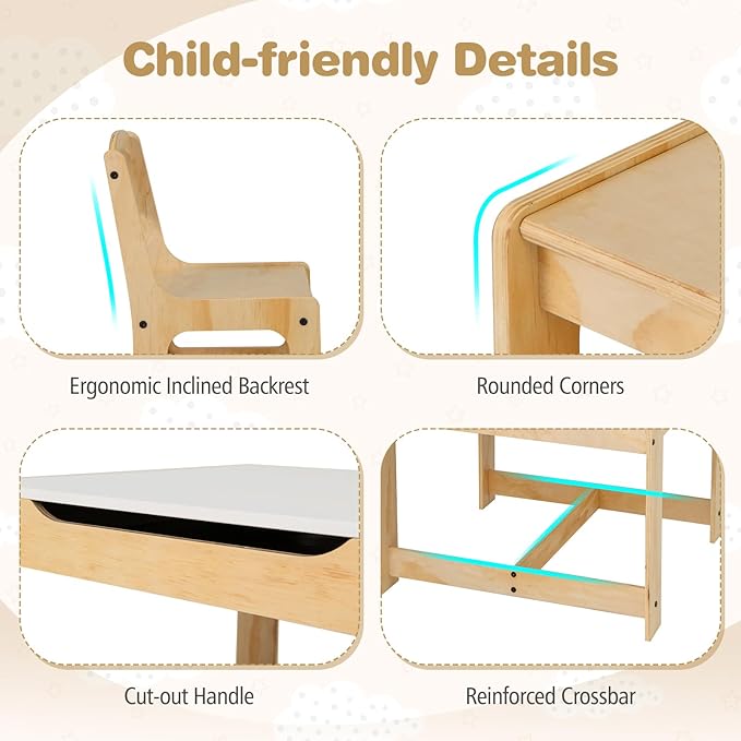 Costzon Kids Table and Chairs, 3 in 1 Wooden Activity Desk Set w/Double-Sided Tabletop, Storage Drawers and Reinforced Design for Drawing, Reading & Playing, Toddler Table and Chair Set (Gray)