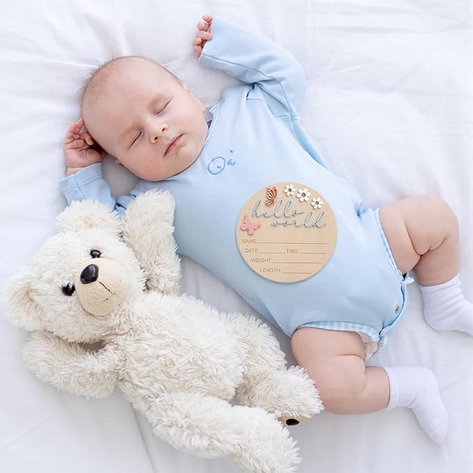 5.9 Inch Wooden Hello World Baby Announcement Sign, Newborn Welcome Board with Pink Butterfly, Baby Shower Hospital Nursery Photo Props for Boys & Girls