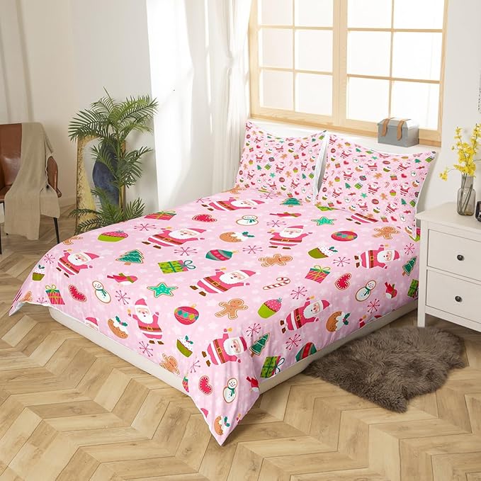 Manfei Christmas Duvet Cover Set Twin Size, Santa Claus Xmas Trees Snowflake Comforter Cover with 1 Pillowcase, New Year Pink Bedding Set 2pcs for Kids Girls Lightweight Bedspread Cover,No Comforter