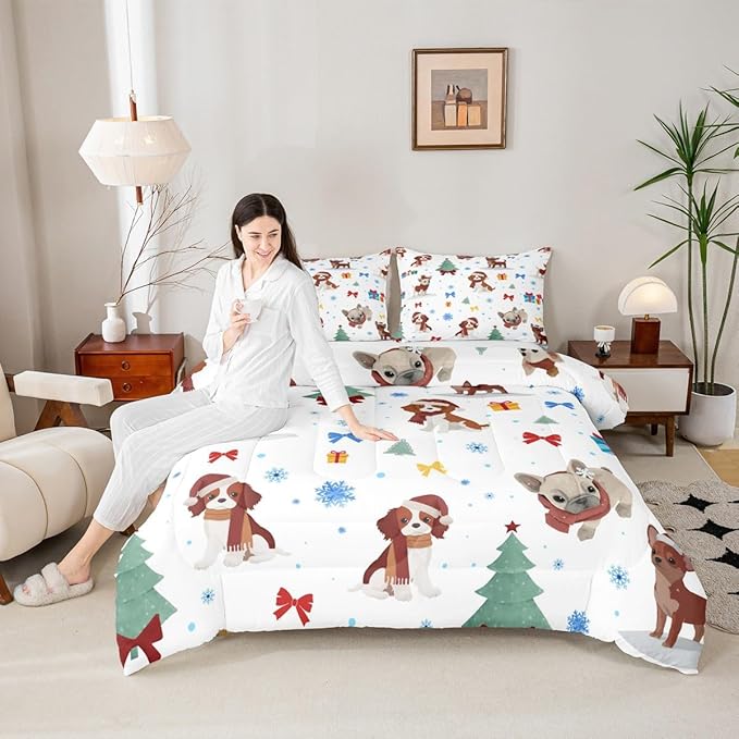 Feelyou Christmas Puppy Comforter Set All Season Festive Pet Bedding Set with 1 Pillow Cases Cute Dog Kids Twin Bedclothes Xmas Tree Snowflake Bedroom Decor Duvet Quilt Breathable Soft Lightweight