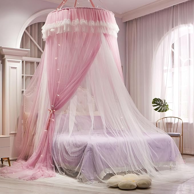 AIKASY Girls and Adults Canopy Bed, Elegant Double-Layer Bed Curtain, Children's Dream Round Lace Mosquito Net, Princess Canopy Net - Fits Twin, Full, Queen, and King Beds (White/Pink)