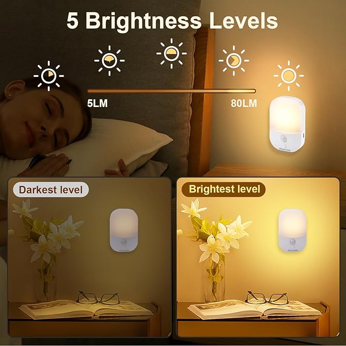 Night Light with Auto Motion Sensor, Rechargeable Battery, Type-C LED Stick-On Stair Lights with Twilight Sensor, Adjustable Brightness, Warm White for Wall, Hallway, Stairs, Cabinet (2 Pack)