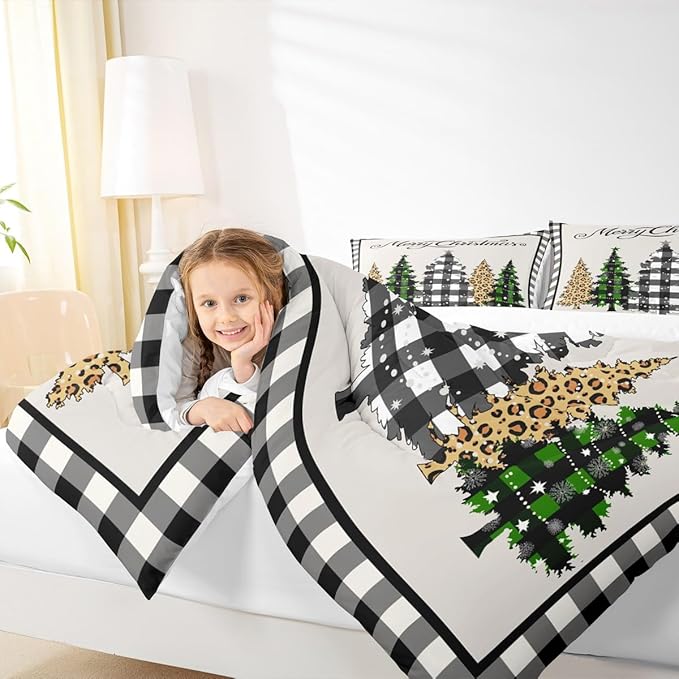 Manfei Merry Christmas Kids Comforter Set Twin Size,Leopard Plaids Pines Trees Bedding,Girls Boys Adults Bedroom/Xmas Cabin Decor,Geometric Grids Retro Down Comforter,Rustic Duvet Insert,1 Pillowcase