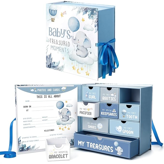 Baby Keepsake Box Newborn Memory Organizer with 9 Labeled Compartments First Keepsake Book Gift Box for Pregnancy Mother"s Day Baby Shower New Maternity(Blue,Blue Elephant)