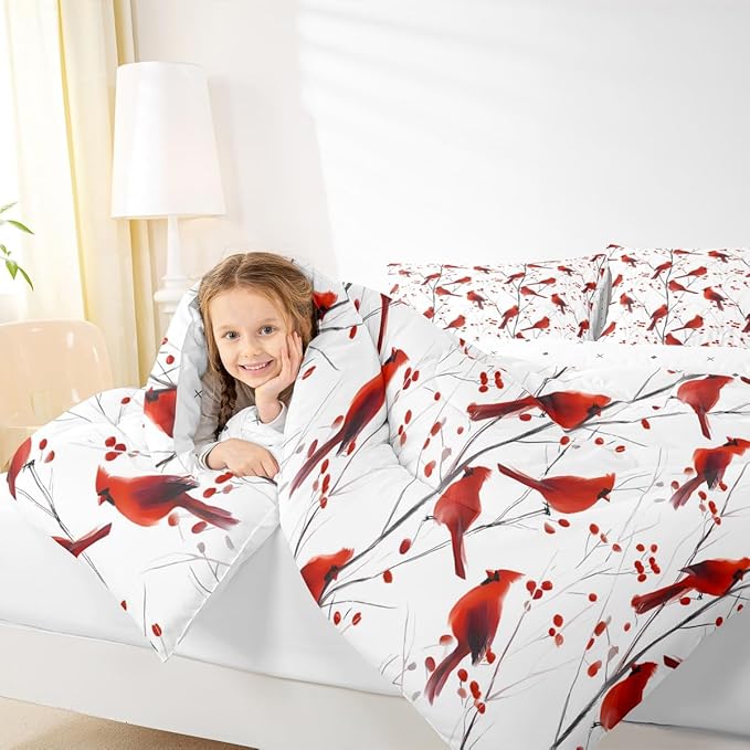 Feelyou Berries and Cardinals Pattern Comforter Set All Season Red Cardinal Bedding Set with 2 Pillow Cases Christmas Kids King Bedclothes Bird Print Decor Animal Decor Duvet Quilt Soft Lightweight