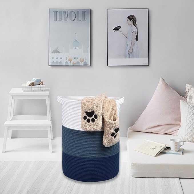 Large Blanket Basket, Nursery Hamper, Tall Laundry Basket 72L, Cotton Rope Woven Laundry Hamper for Storage Toys Clothes Towels, 16”x 22”, White & Cadet Blue & Navy Blue
