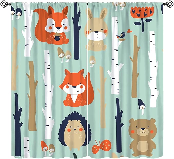 Cute Animals Curtains, Cartoon Fox Hedgehog Hare Forest Trees Blackout Window Treatments, Rod Pocket Thermal Insulated Drapes 2 Panel Sets for Kids Bedroom Nursery Classroom, 63" W X 63" L