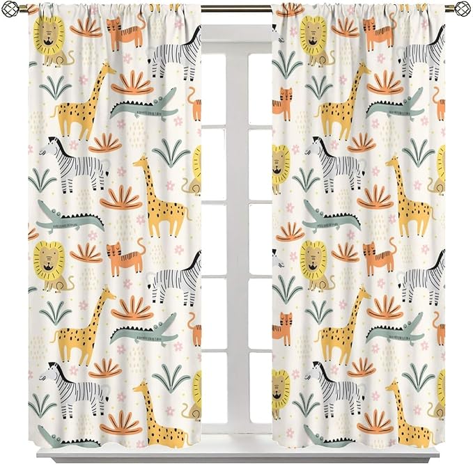 Wild Animals Curtains, Cute Cartoon Animals Zoo with Lion Zebra Crocodile Cat and Giraffe Tropical Jungle Plant Print Window Treatments for Kids Boys Girls Bedroom Living Room 52x84in