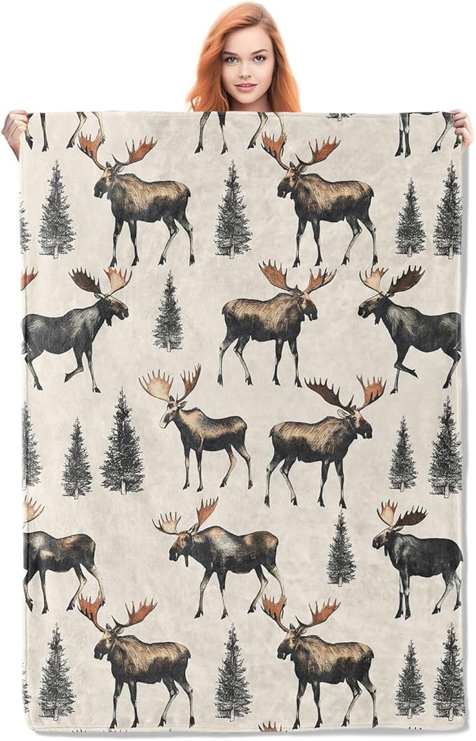 Moose Blanket Gifts for Women Girls Soft Warm Lightweight Cozy Vintage Animal Forest Mooses Throw Blankets for Bed Sofa Couch Living Room Decor 50x60in