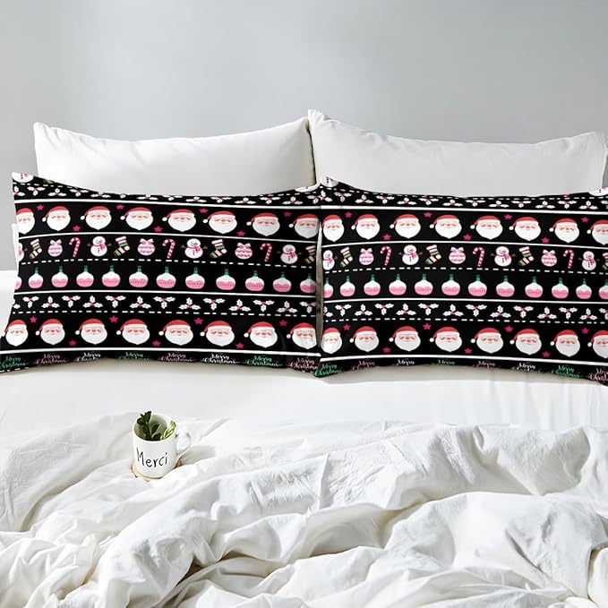 Merry Christmas Decorative Comforter Cover Full Size Xmas Cartoon Santa Claus Snowmen Duvet Cover Winter New Year Bedding Set Gifts for Kids Boys Girls 2 Pillow Cases