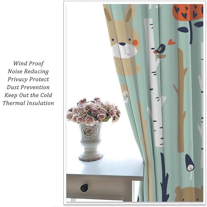 Cute Animals Curtains, Cartoon Fox Hedgehog Hare Forest Trees Window Treatments, Rod Pocket Thermal Insulated Drapes 2 Panel Sets for Kids Bedroom Nursery Classroom, 42" W X 45" L【Decor】