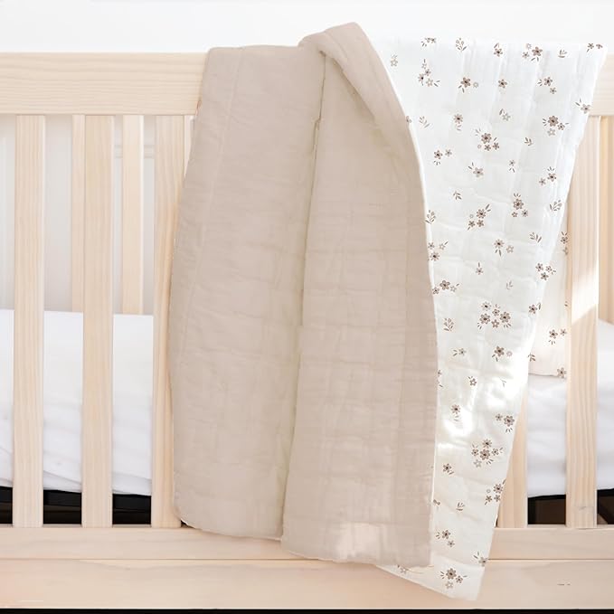 MakeMake Organics Organic Toddler Comforter GOTS Certified Organic Kids Blanket Cotton Infill Tufted - Reversible Ultra Soft Breathable Boys Girls (44"x60", Bloom + Solid Pecan)