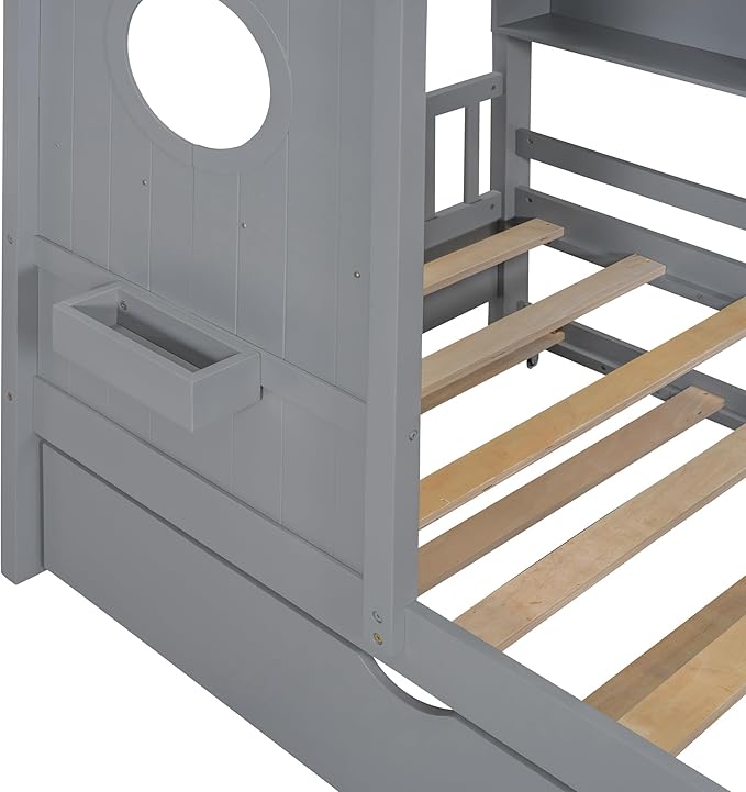 Twin Size House Bed with Trundle for Kids,Twin Kids Bed Frame with Storage Shelves,Wood House Bed Frame for Girls,Boys,Can be Decorated,Gray