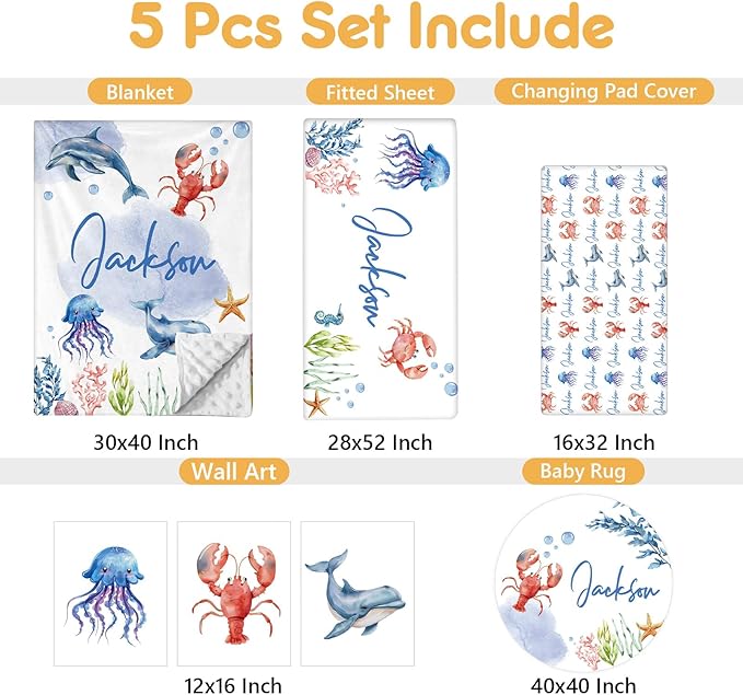 Personalized Crib Bedding Set, 5 Pcs Custom Name Nursery Bedding Sets, Marine Animals Infant Bedding Set for Baby Boy Girl, Double Layer Baby Crib Set, Babies Toddlers Kids Customized Gifts