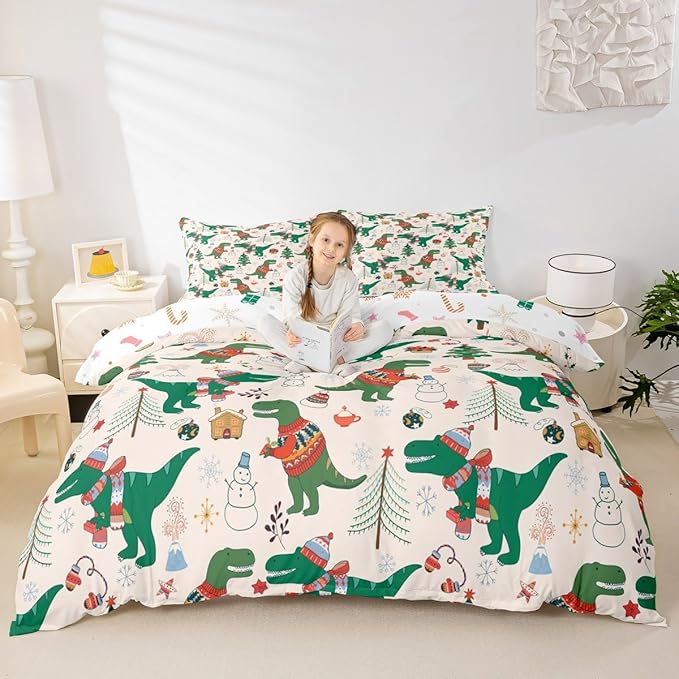 Christmas Bedding Set for Kids Boys Girls Cartoon Dinosaur Christmas Tree Comforter Cover Set Snowman New Year Duvet Cover Bedroom Decor Xmas Theme Bedspread Cover Full Size Bedding Collection 3Pcs