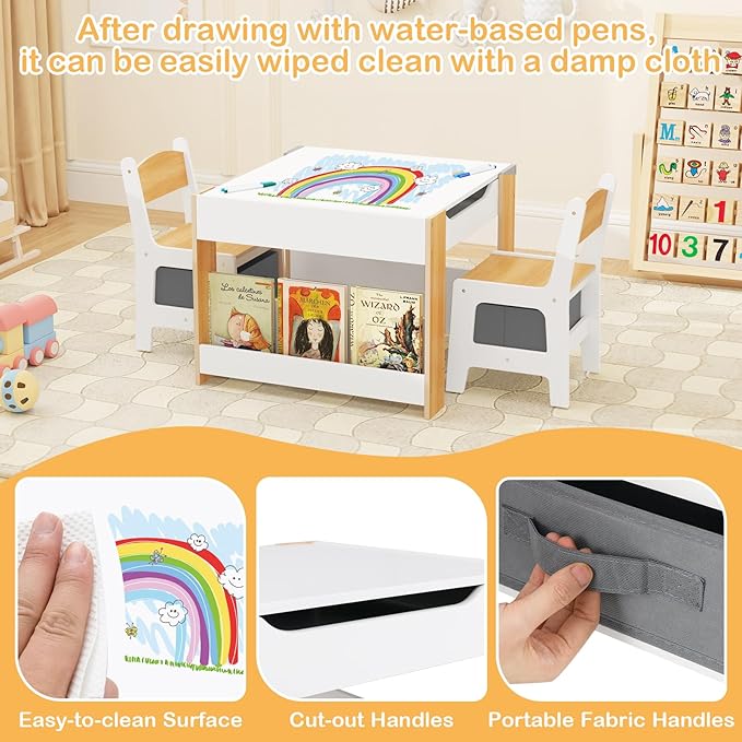 HONEY JOY Kids Table and Chairs, 4-in-1 Children Wooden Activity Set w/Double Bookshelves, Storage, Detachable Tabletop, for Art, Craft, Drawing, Reading, Gift for Toddlers 3-6 Years Old (Natural)