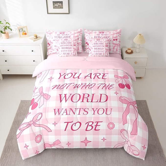 7 Pieces Pink Bowknot Kids Comforter Set King,Cherry Star Daisy Flowers Princess Bedding Set,Bow Tie Geometric Plaids Cute Dreamy（Comforter+Fitted+Flat Sheet+2 Pillowcases+2 Throw Pillow Covers）