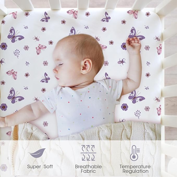 Little Grape Land Crib Sheets for Girls, 4-Pack Soft Microfiber Fitted Baby Sheets for Standard Crib and Toddler Mattress 28x52x8 Inch – Breathable & Secure (Butterfly, Floral, Pink, Purple)