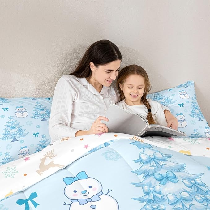 Feelyou Merry Christmas Comforter Set Queen Size Cute Snowman Bedding Set for Kids Boys Girls Cartoon Bowknot Duvet Quilt Christmas Tree Microfiber 3 Pcs with 2 Pillow Cases