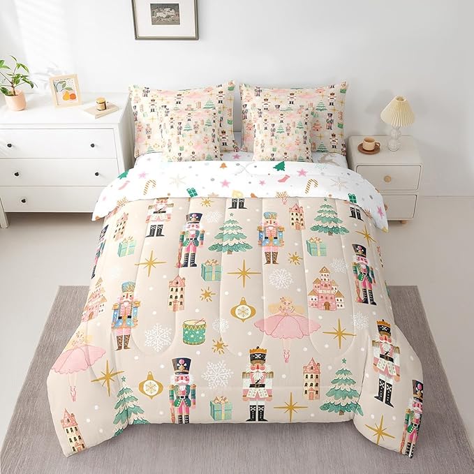 Erosebridal 7Pcs Beige Christmas Comforter Set Queen Size,Princess Nutcracker Bedding Set,Xmas Tree Snow Bed in A Bag for Kids Boys Girls,Starry Sky Christmas Decoration Quilt with Flat Fitted Sheet