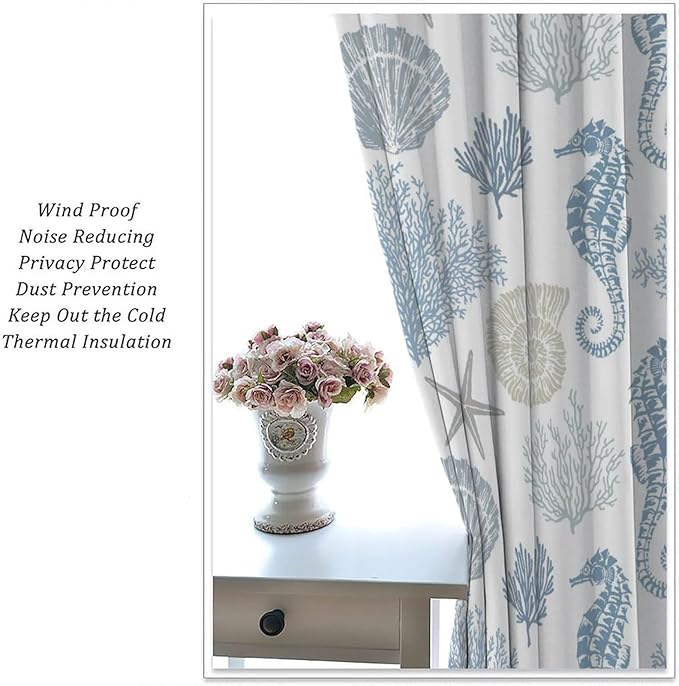 Seahorse Coral Curtains,Starfish Seashell Beach Sea Starfish Seashell Theme Pattern Blackout Print Home Bedroom Living Room Window Treatmen 2 Panel Set 55x63 Inch