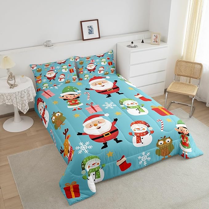 Erosebridal Merry Christmas Comforter Set Cartoon Santa Claus Quilts Queen Size Holiday Snowman Deer Elk Bedding Set Xmas Decor for Kids Boys Teens Cute Owl Animal Down Comforter,Blue