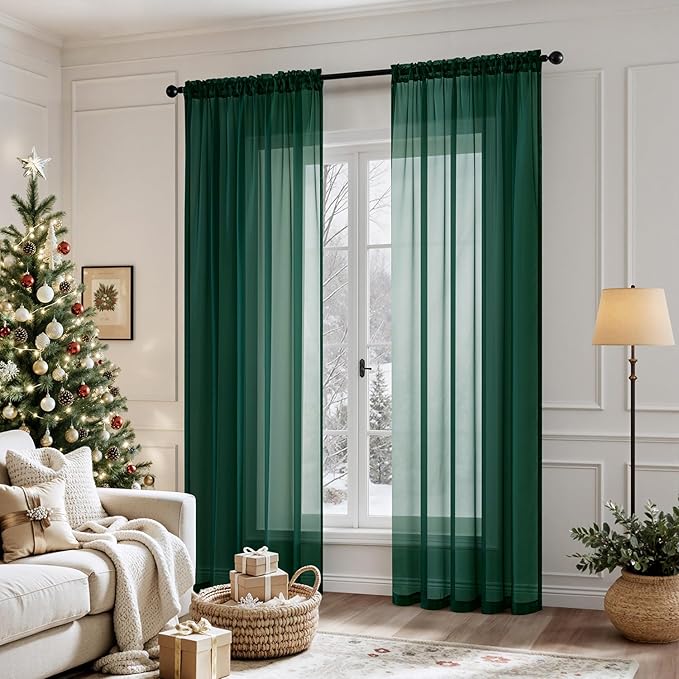 MIULEE Christmas Solid Color Sheer Window Curtains Elegant Window Voile Panels/Drapes/Treatment for Bedroom Living Room 2 Panels 54 X 45 Inches Hunter Green