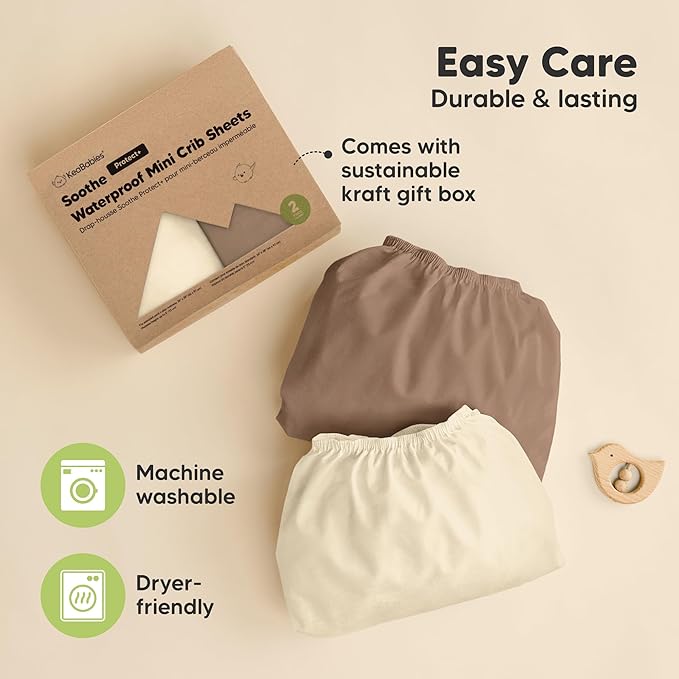 2-Pack Pack and Play Sheets, Waterproof Mini Crib Sheets Fitted - Organic Cotton Pack N Play Sheets for Graco Pack and Play Mattress, Playard Baby Crib Sheets, Neutral for Boy,Girl, Toddler (Latte)