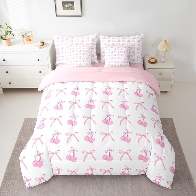 7 Pieces Cherry Bowknot Kid Comforter Set Queen,Pink Bow Tie Butterfly Knot Princess Bedding Set,Cartoon Bow Patchwork Dreamy Sweet（Comforter+Fitted+Flat Sheet+2 Pillowcases+2 Throw Pillow Covers）
