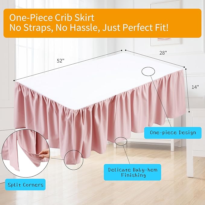 Crib Bed Skirt Dust Ruffle 100% Cotton - Natural, Soft, Breathable for Baby's Delicate Skin, Nursery Toddler Crib Bed Skirt for Baby Boys Girls, Fits Standard Cribs 28" x 52" with 14" Drop