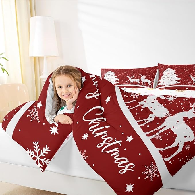 Merry Christmas Kids Comforter Set Full Size,Deer Elk Pine Trees Bedding,Girls Boys Adults Bedroom/Xmas Cabin Decor,Snowflake Romantic Down Comforter,Rustic New Year Red Duvet Insert,2 Pillowcases