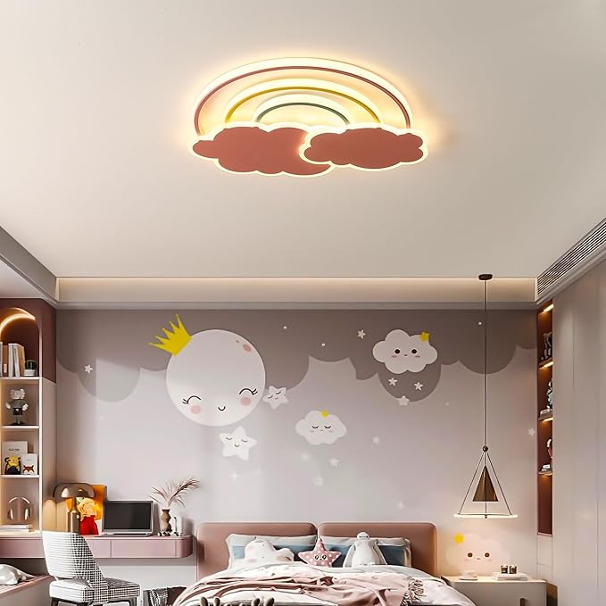 Dimmable LED Flush Mount Ceiling Light Fixture with Remote Control, 19.7Inch 36W Pink Cloud Rainbow Modern Ceiling Lamp for Girl Room Baby Kids Room Bedroom Nursery Dining Room Kitchen