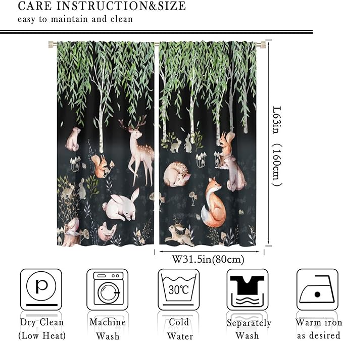 Forest Animal Curtains, Watercolor Cartoon Woodland Plants Animals Bears Moose Mushrooms Printed Curtains for Kids Boys and Girls Bedroom Window Drapes 63x63in