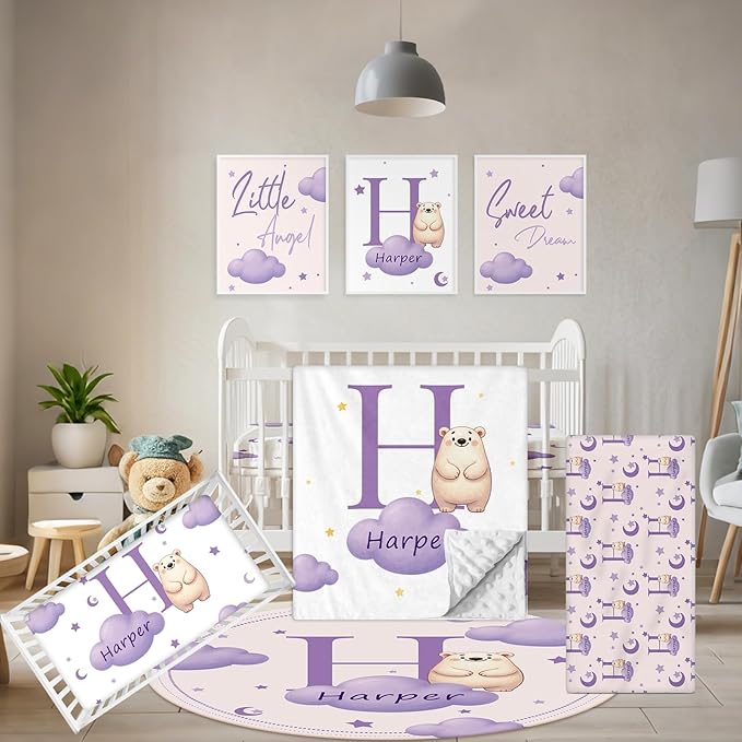 Custom Crib Bedding Set, 5 Pcs Personalized Nursery Bedding Sets with Name, Infant Bedding Set for Baby Girl Boy, Purple Polar Bear Double Layer Baby Crib Set, Toddlers Babies Customized Gifts